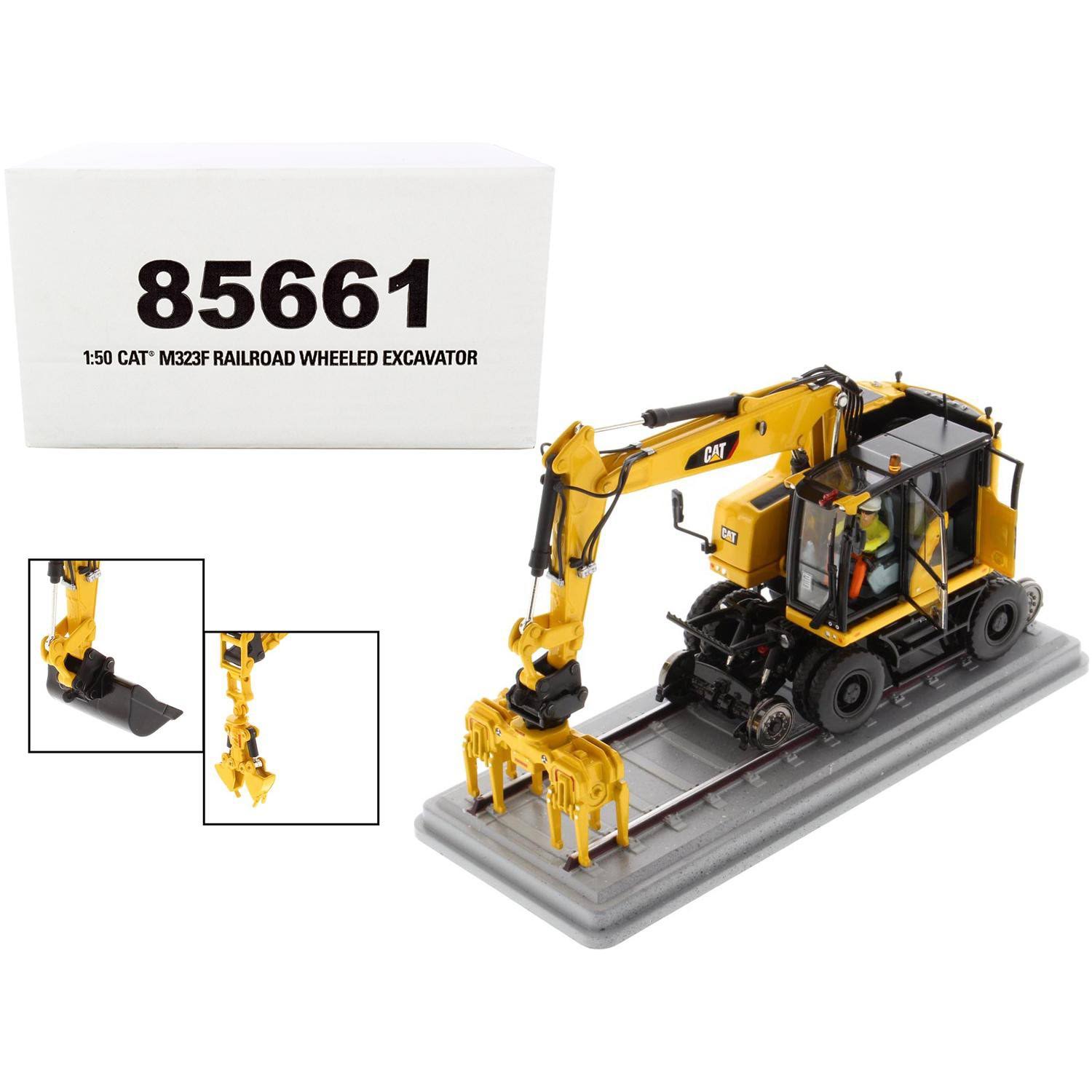 Cat Caterpillar M323F Railroad Wheeled Excavator w/Operator u0026 3 Work Tools Safety Yellow Ver. 1/50 Model by Diecast Masters