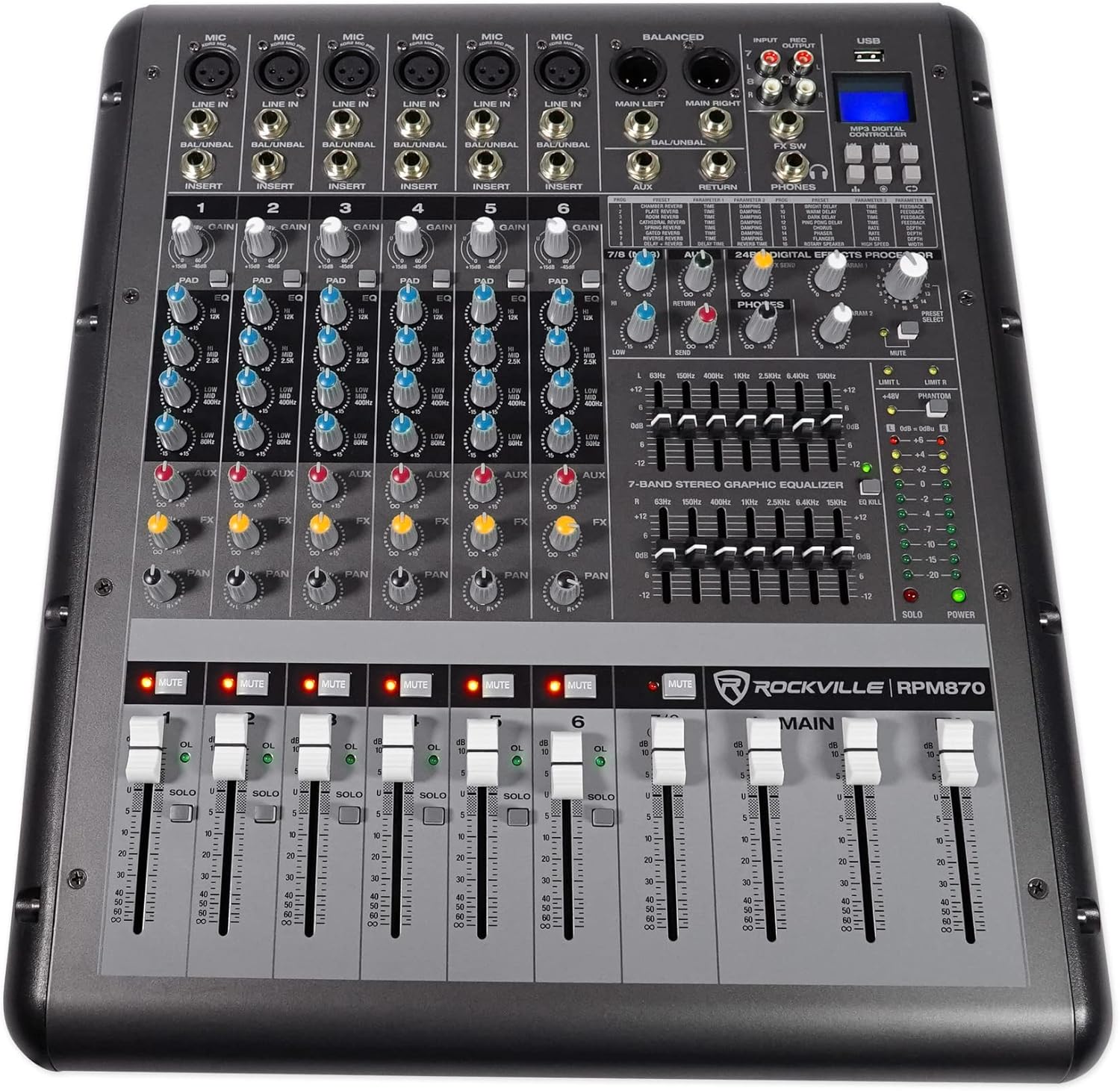 Rockville 12 Channel 4800w Powered Mixer, 7 Band EQ, Effects, USB, 48V (RPM109)