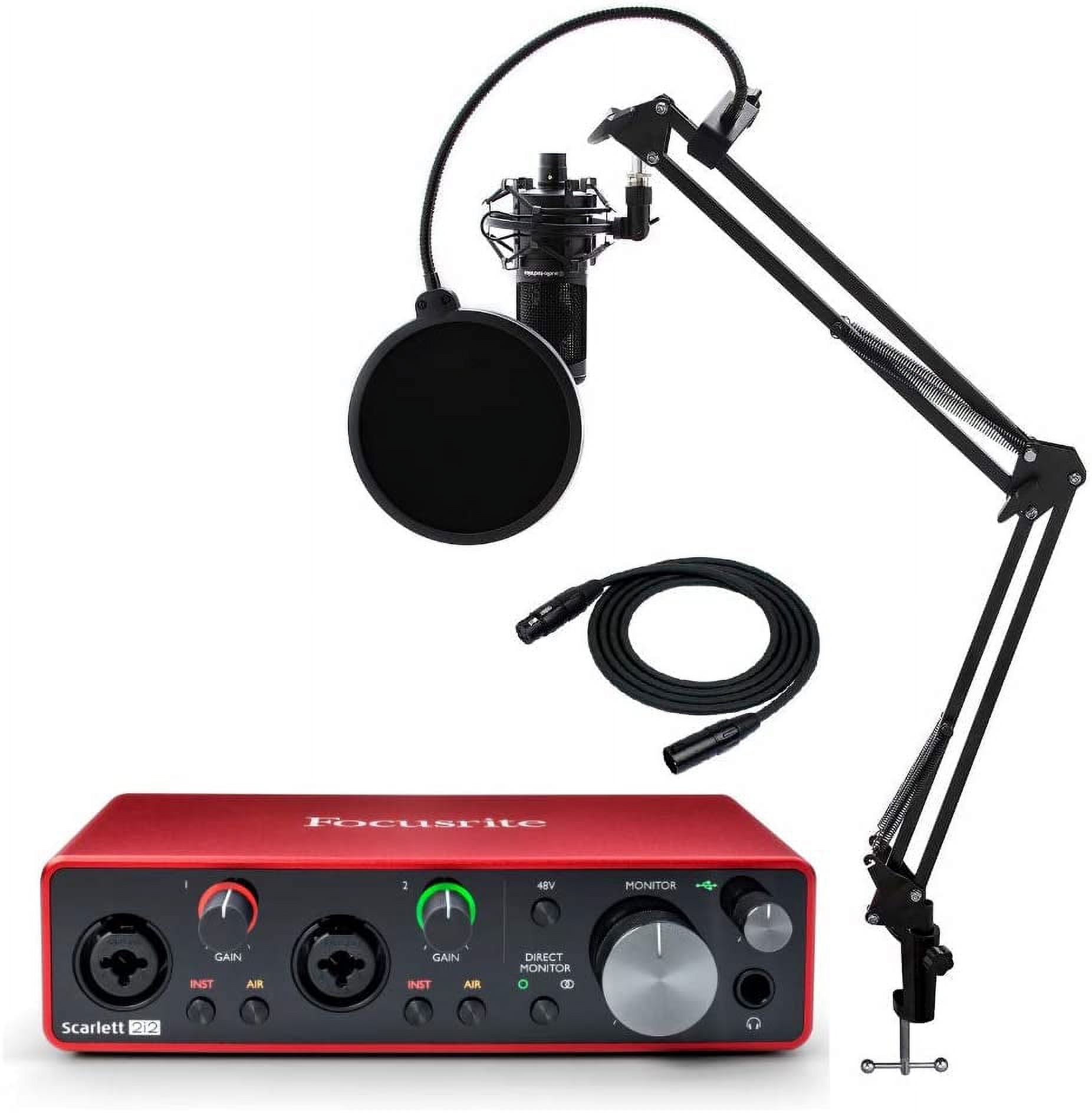 Focusrite Scarlett 2i2 3rd Gen 2x2 USB Audio Interface Bundle with Audio Technica AT2020 Condenser Studio Microphone MR DJ Stand, Shock Mount, Pop Filter and XLR Cable