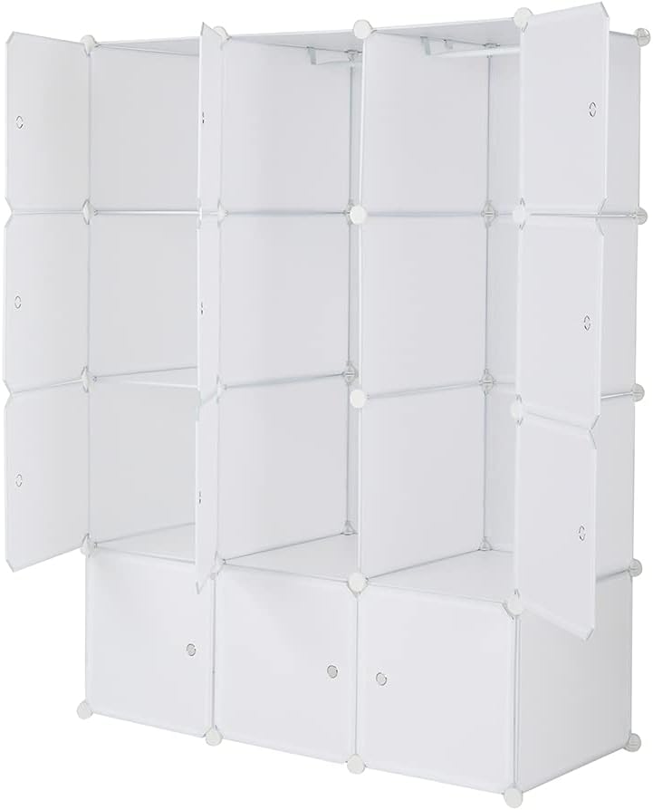 12 Cube Organizer Stackable Plastic Cube Storage Shelves Design Multifunctional Modular Closet Cabinet with Hanging Rod White (US Shipping)
