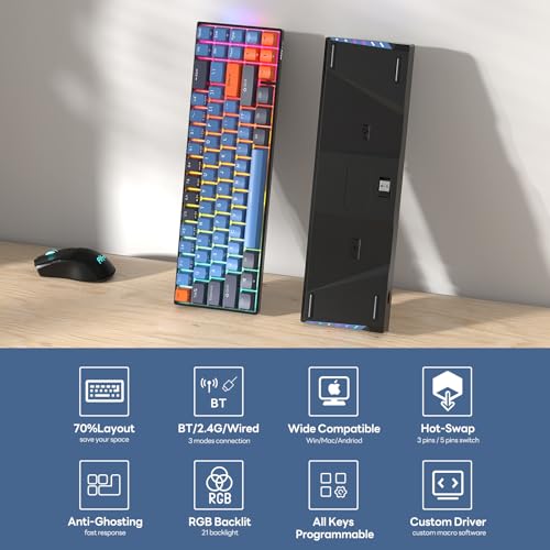 RK ROYAL KLUDGE RK71 Mechanical Gaming Keyboard - 70% Layout Compact Small Keyboard, Hot Swappable Custom Keyboard,2.4G/Bluetooth5.0/USB-C Wired Keyboard, Programmable Macro, RGB Backlit TKL Keyboard