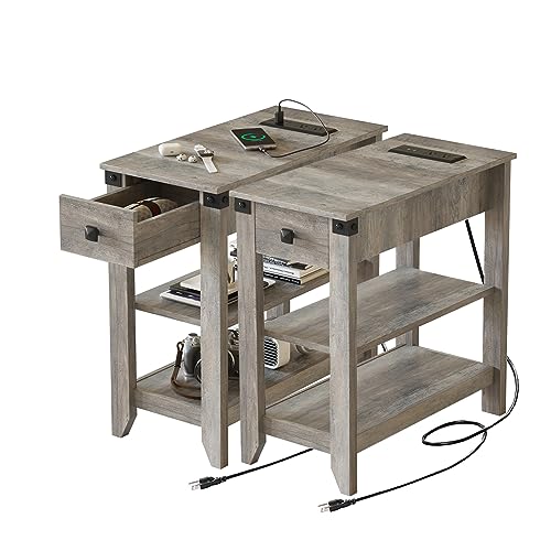 Fameill End Tables Living Room Set of 2, Narrow Side Table with Charging Station, Small Bedside Table for Small Space, Skinny Nightstand with Storage Drawer, Rustic Grey