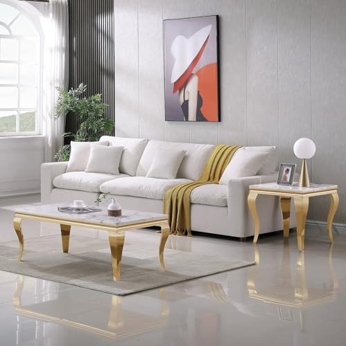 3 Piece Living Room Table Set, White Coffee Table & End Side Table & Console Table, Faux Marble Top Coffee Table Set with Silver S Steel Legs for Home Office, Luxury Home Coffee Table Set of 3