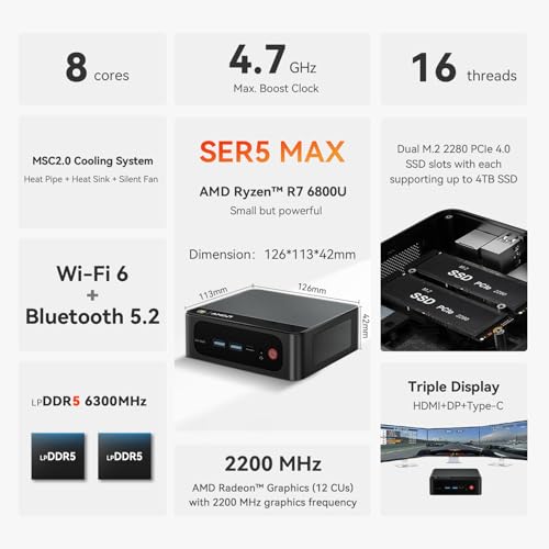 Beelink SER5 MAX Mini PC, AMD Ryzen 7 6800U (8C/16T, up to 4.7GHz), 32GB LPDDR5 500GB M.2 NVMe SSD, Mini Desktop Computer 4K@60Hz Triple Output/DP/HDMI/Type-C/WiFi 6/BT5.2/Gaming/Home