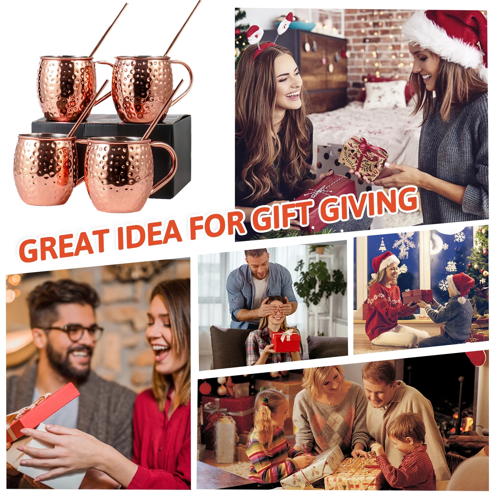 Tomshoo Moscow Mule Copper Mugs Set of 4 Pure Copper Plating, 18 Stainless Steel Drinking Cup, 4 Cocktail Copper Straws Great Dining Entertaining Bar Gift Set