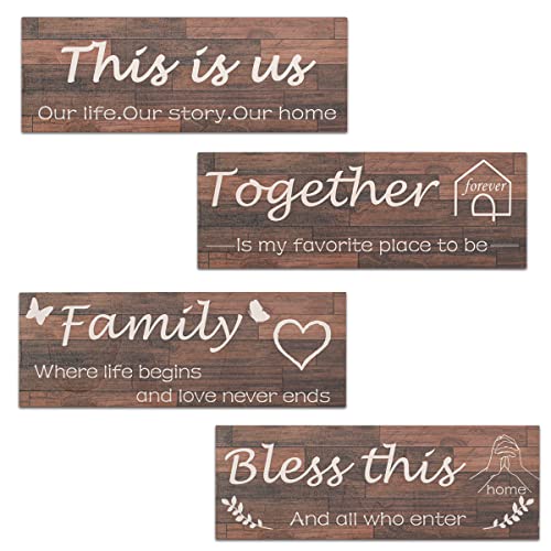 4 Pieces Home Wall Decor, Rustic Wooden Home Wall Signs Farmhouse Wall Art for Living Room, THIS IS US/BLESS THIS HOME/TOGETHER/FAMILY Wall Decor For Dining Room Bedroom (brown)