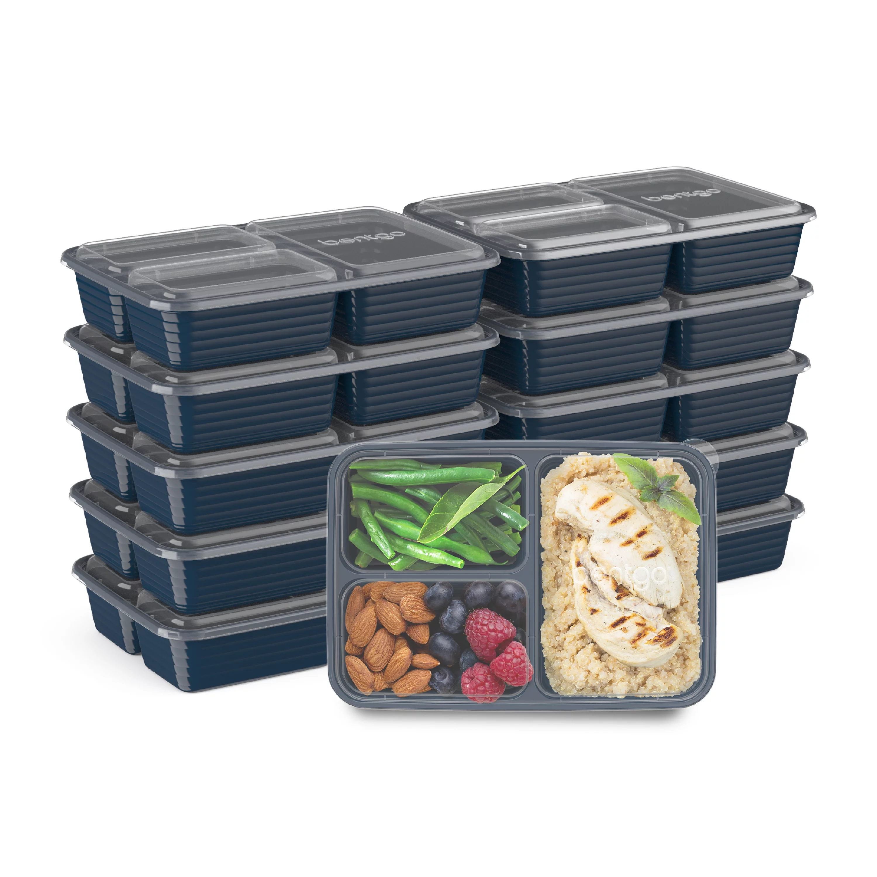 Bentgo Prep 3-Compartment Meal-Prep Containers with Lids - Microwaveable, BPA-Free, Freezer & Dishwasher Safe Food Storage Containers - 10 Trays & Lids - Navy Blue