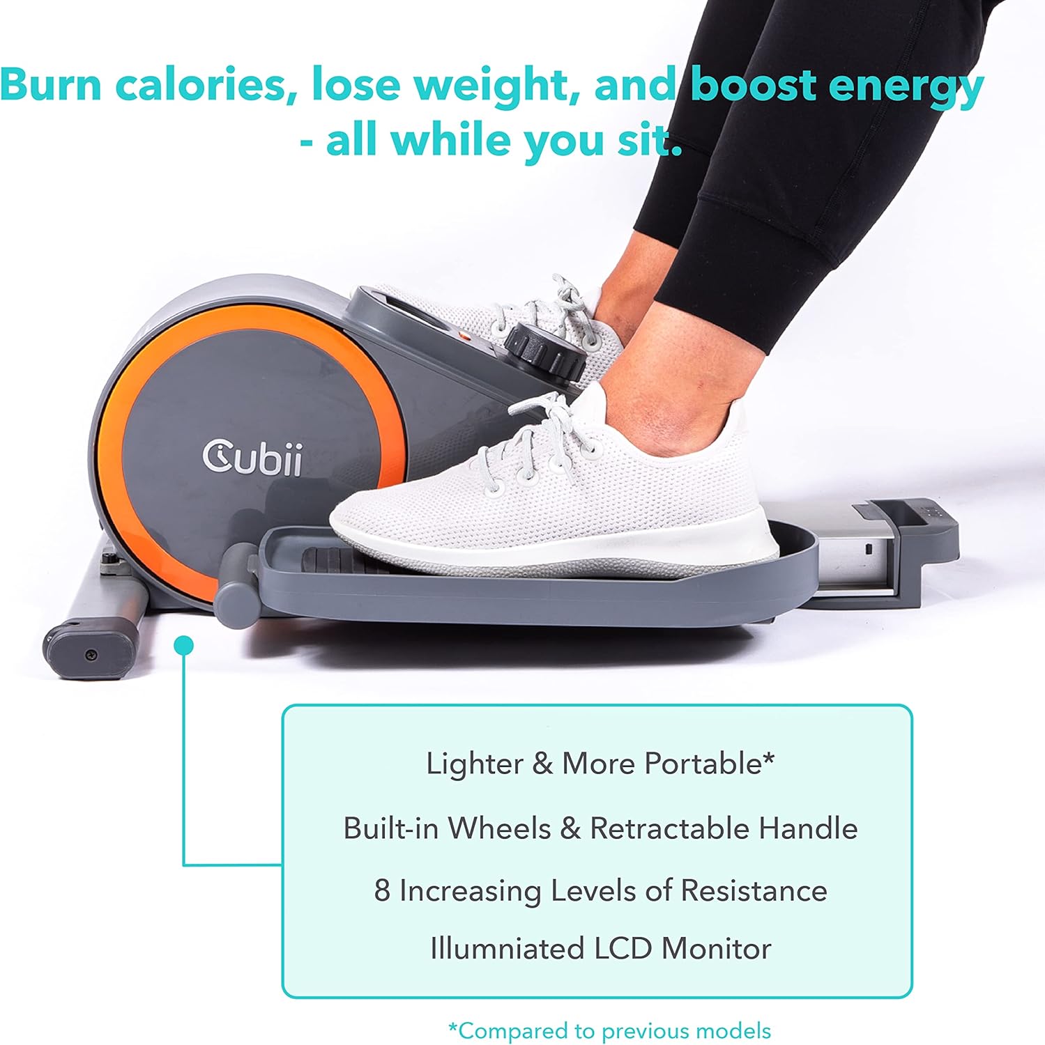 Cubii Go Seated Under Desk Elliptical, Portable w/Built-in Wheels & Retractable Handle, Compact Pedal Bike Exerciser for Home Fitness, Light Up LCD Display, Mobile App