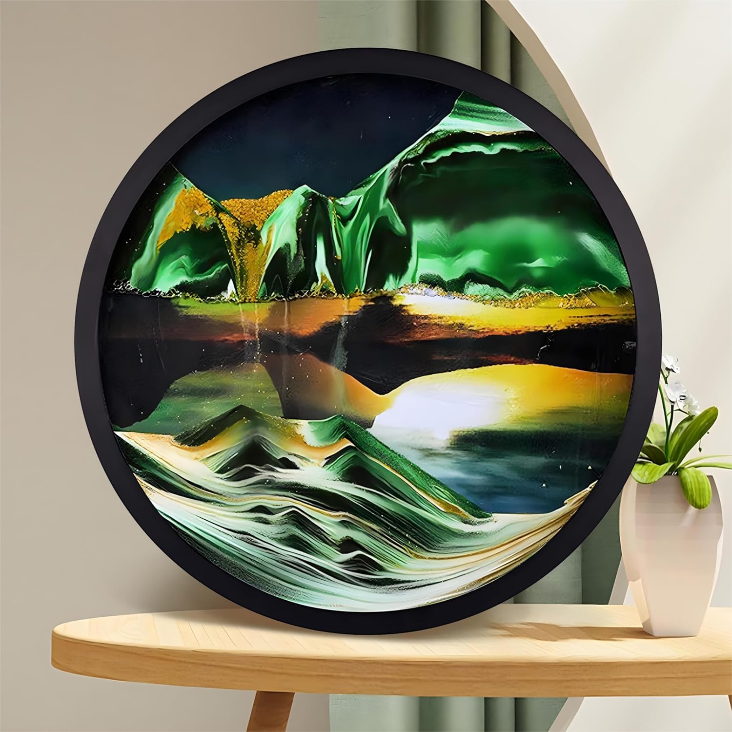 17.3'' Moving Sand Art, 3D Sand Art Liquid Motion Moving Wall Art Deep Sea Sandscape Living Room Decoration, 360° Rotate, Glass Crafts Solid Wood Frame, Relaxing Mood Home Office Work Decor (Green)