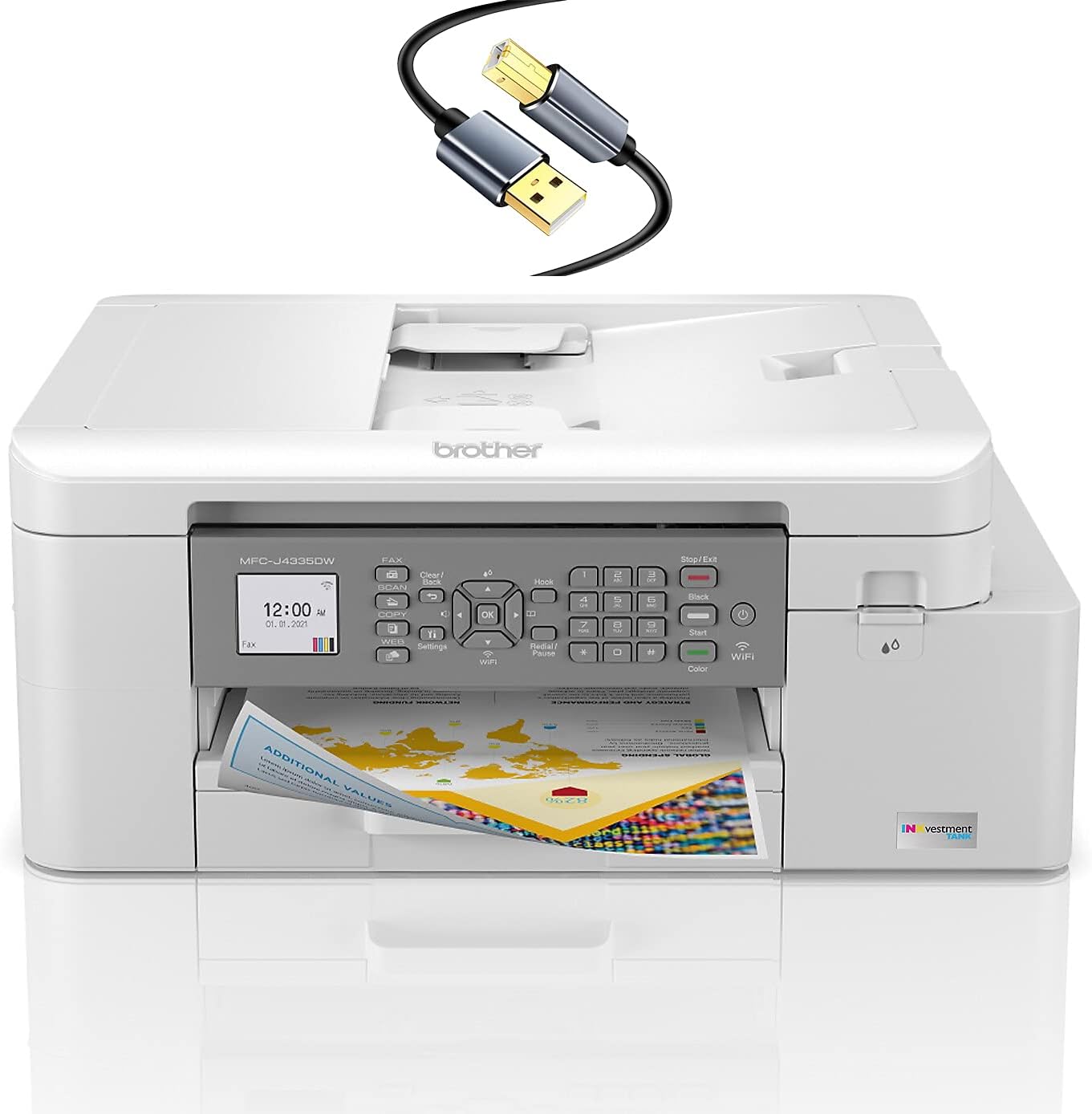 Brother INKvestment Tank MFC-J4335DWB Wireless Color All-in-One Inkjet Printer, Silver - Print Copy Scan Fax - 20 ppm, 4800 x 1200 dpi, Auto Duplex Printing, 20-Sheet ADF, Tillsiy Printer Cable
