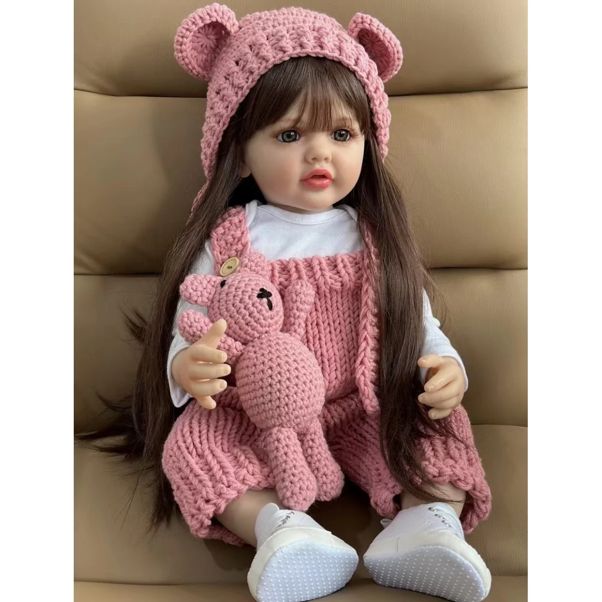 22 inch Soft Silicone Vinyl Reborn Baby Doll Lovely Girl in Pink Knitted Clothes with Bear Toy, Kids Birthday Christmas Gift