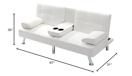 Synthetic Leather Cushion Modern Convertible futon, Adjustable Folding Sofa Bed, Guest Room Bed with Detachable armrests, Two Cup Holders, Metal Legs (Polyester Blend, Beige)