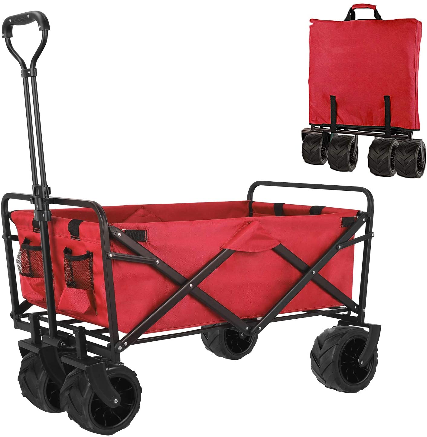 BAHOM Folding Collapsible Outdoor Utility Wagon Cart, Heavy Duty Garden Cart with All-Terrain Wheels and Carrying Bag ,Red