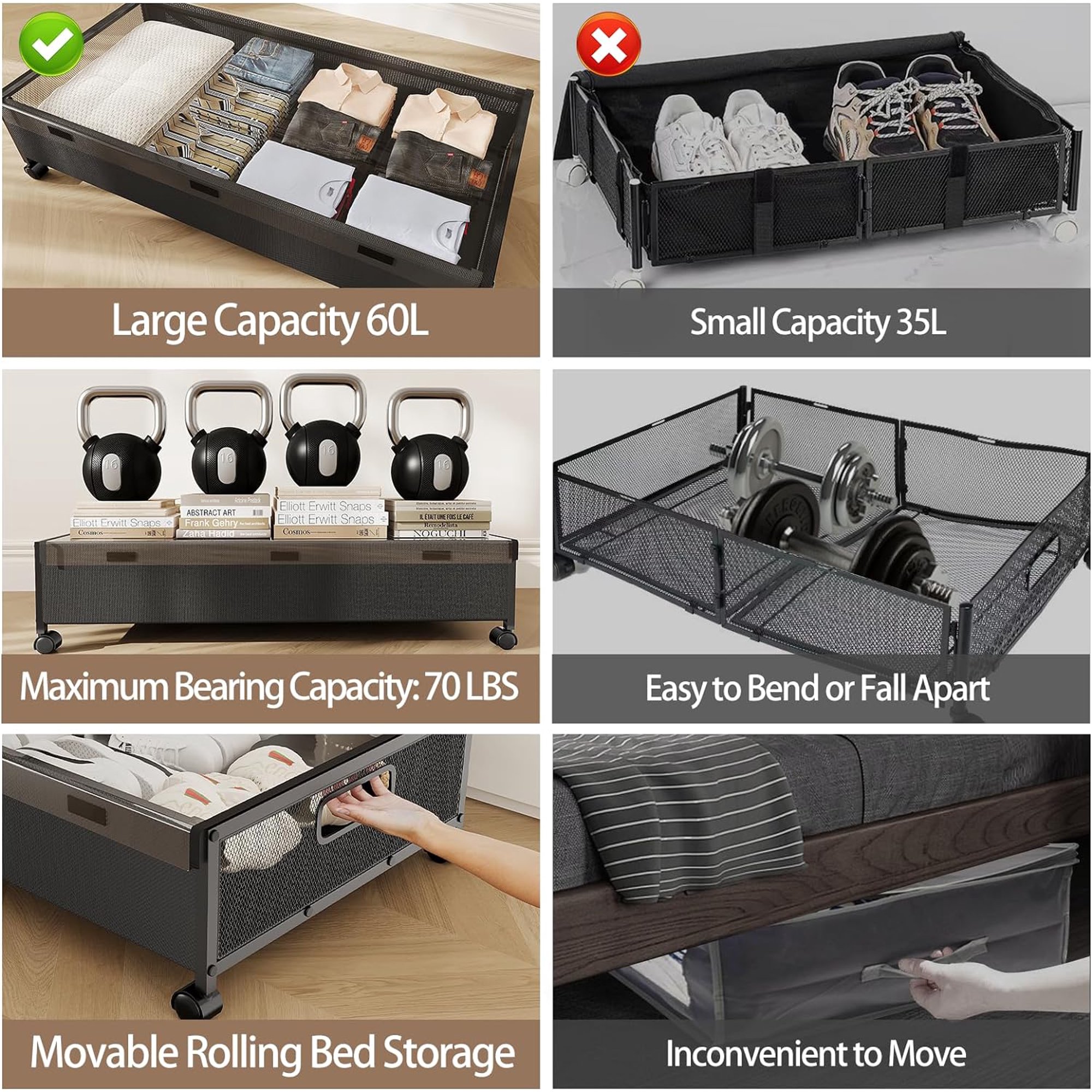 Under Bed Storage with Wheels,2 Pack Under Bed Shoe Storage, Under the Bed Storage Drawers with Remove Window, Extra Large Rolling Under Bed Storage Metal Drawer for Clothes (Black-2 pack)