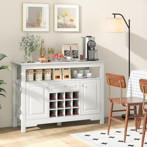 Giantex Bar Cabinet with Storage, Buffet Sideboard w/ 12-Bottle Removable Wine Rack, 2 Doors & Drawer, Multipurpose Wine Liquor Coffee Cabinet for Kitchen, Dining Room, Living Room, Entryway (White)