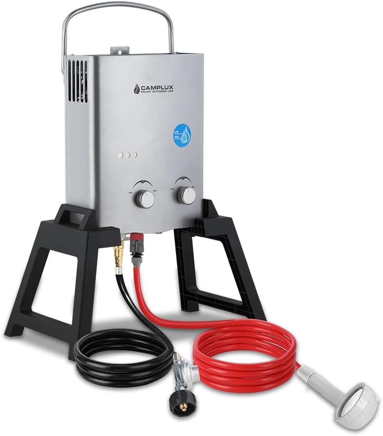 Camplux 1.32 GPM Portable Outdoor Tankless Water Heater Propane Instant Hot Camping Shower w/Freestanding Stand and Carry Bag, Gray