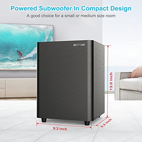 BESTISAN Powered Subwoofer, Deep Bass Sub, Down Firing Subs, Easy Setup with Home Theater System, Receiver, Speakers, Coaxial Cable Included, RCA, LFE, AUX Input, High-Level Speaker Input & Output