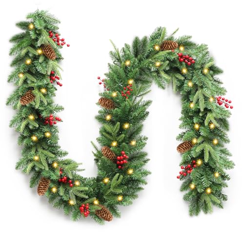 Christmas Garland, 9ft Pre-Lit Christmas Garland with Lights, Battery Operated with Pine Cones & Red Berries, Artificial Christmas Greenery for Mantle, Staircase, Doorway, Indoor Outdoor Decorations
