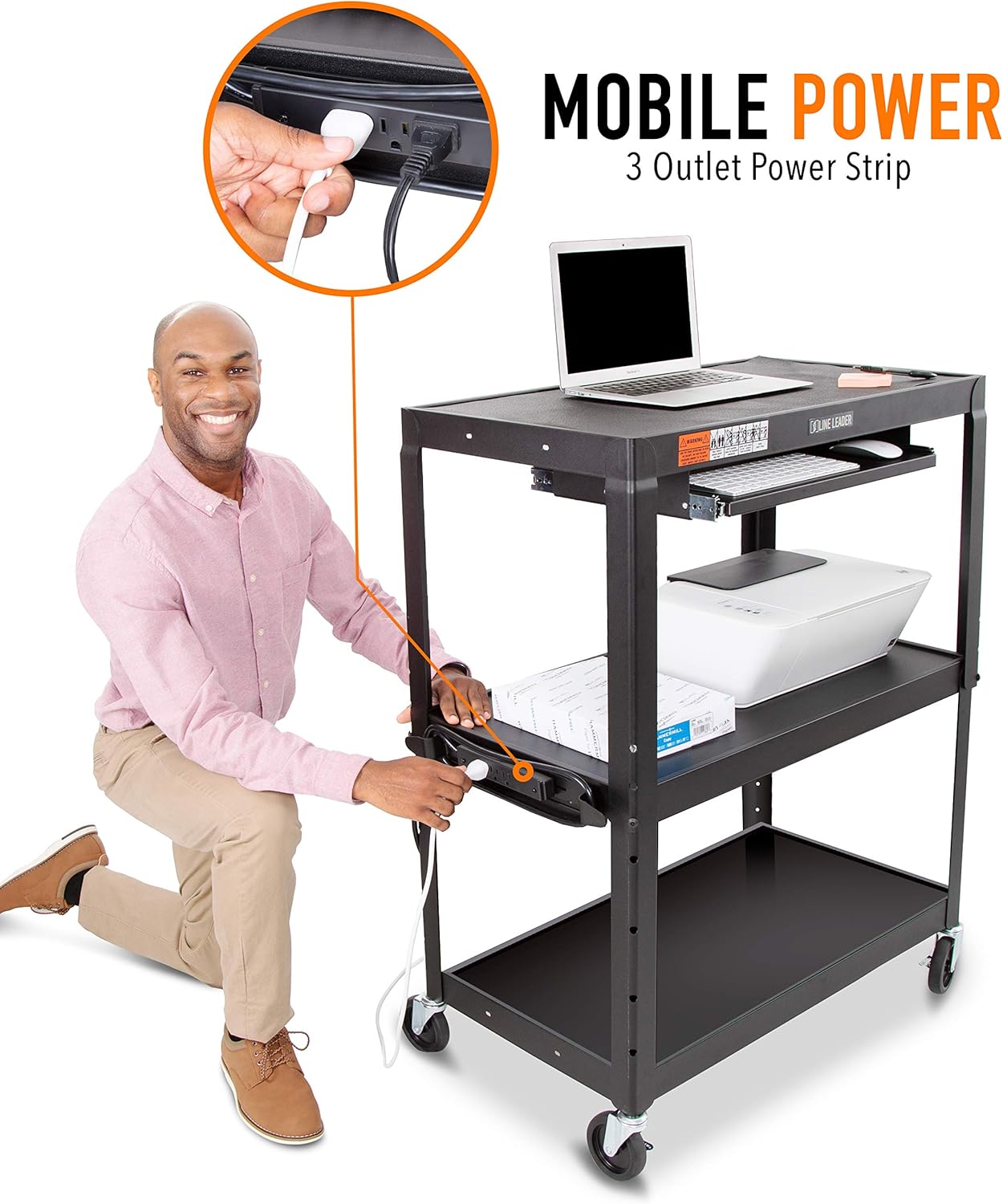 Line Leader Large AV Cart with Retractable Keyboard Tray | Height Adjustable Utility Cart | Includes Pullout Keyboard Tray & Cord Management | Easy Assembly (34in x 18in x 42in / Black)