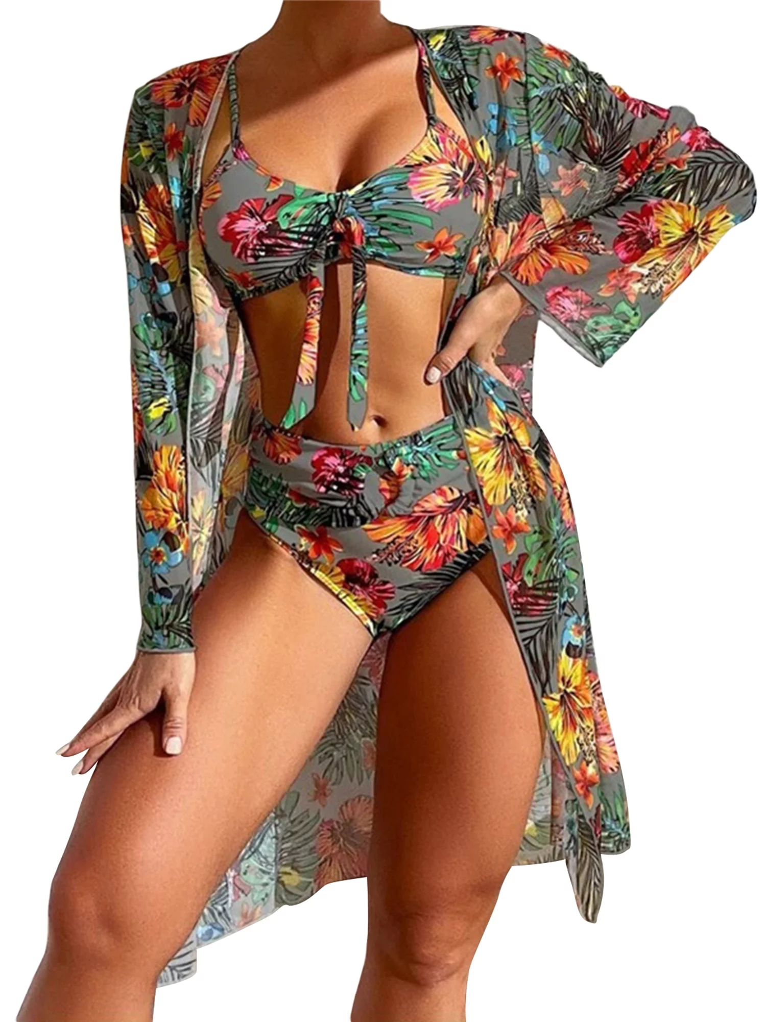 Arvbitana Women 3 Pcs Swimsuit Outfits Floral Leaves Print Sling Padded Bra Thong Bottoms Long Sleeve Open Front Cover-Ups Bikini S-L