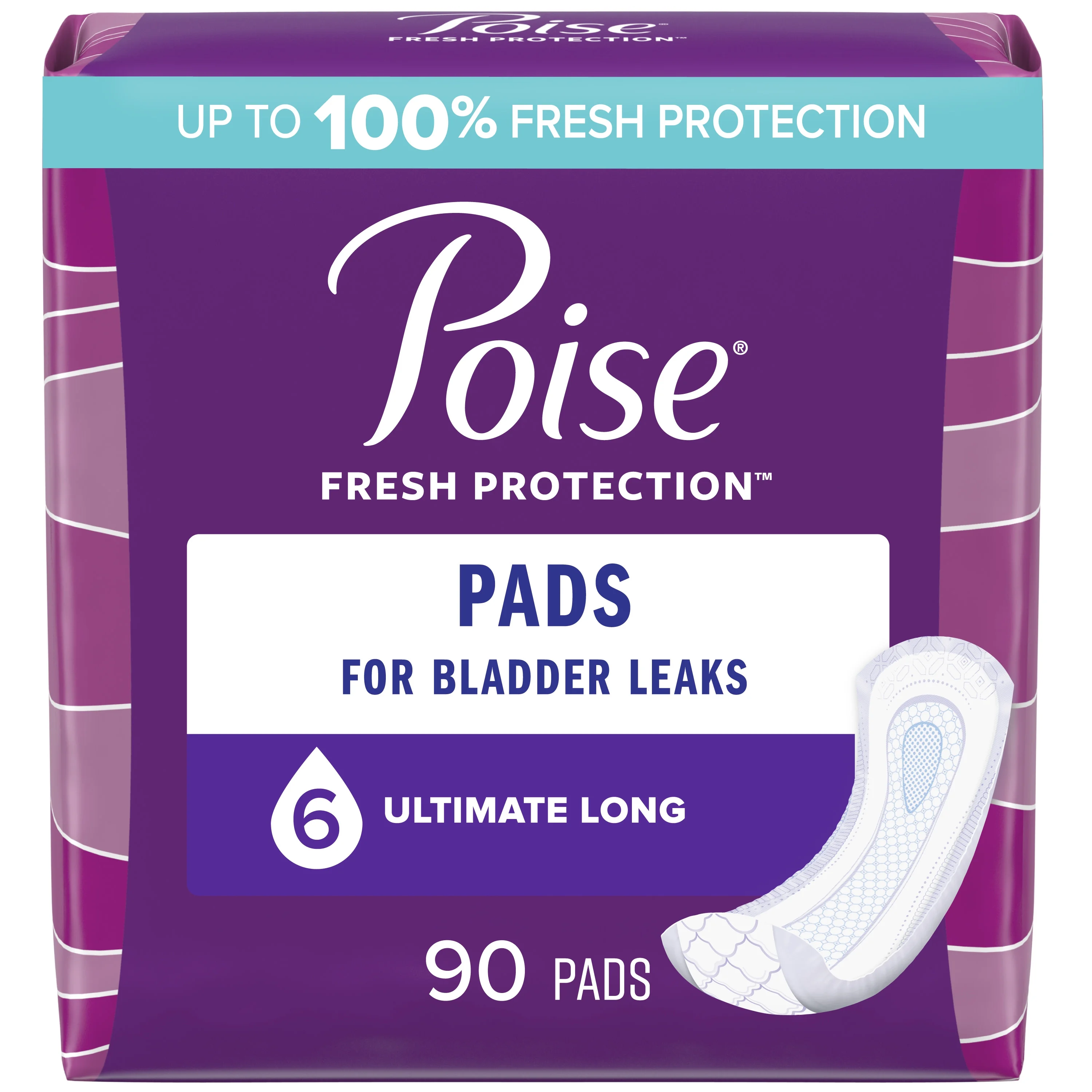 Poise Incontinence Pads for Women, 6 Drop, Ultimate Absorbency, Long, 90Ct