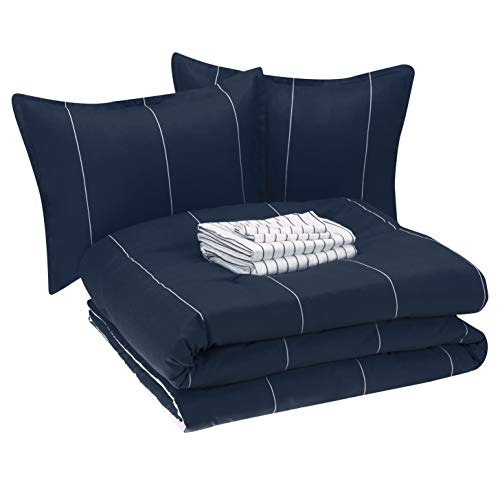 Amazon Basics 7-Piece Reversible Microfiber Bed-in-a-Bag with Elastic Storage Pockets, Full/Queen, Navy Stripe, Striped