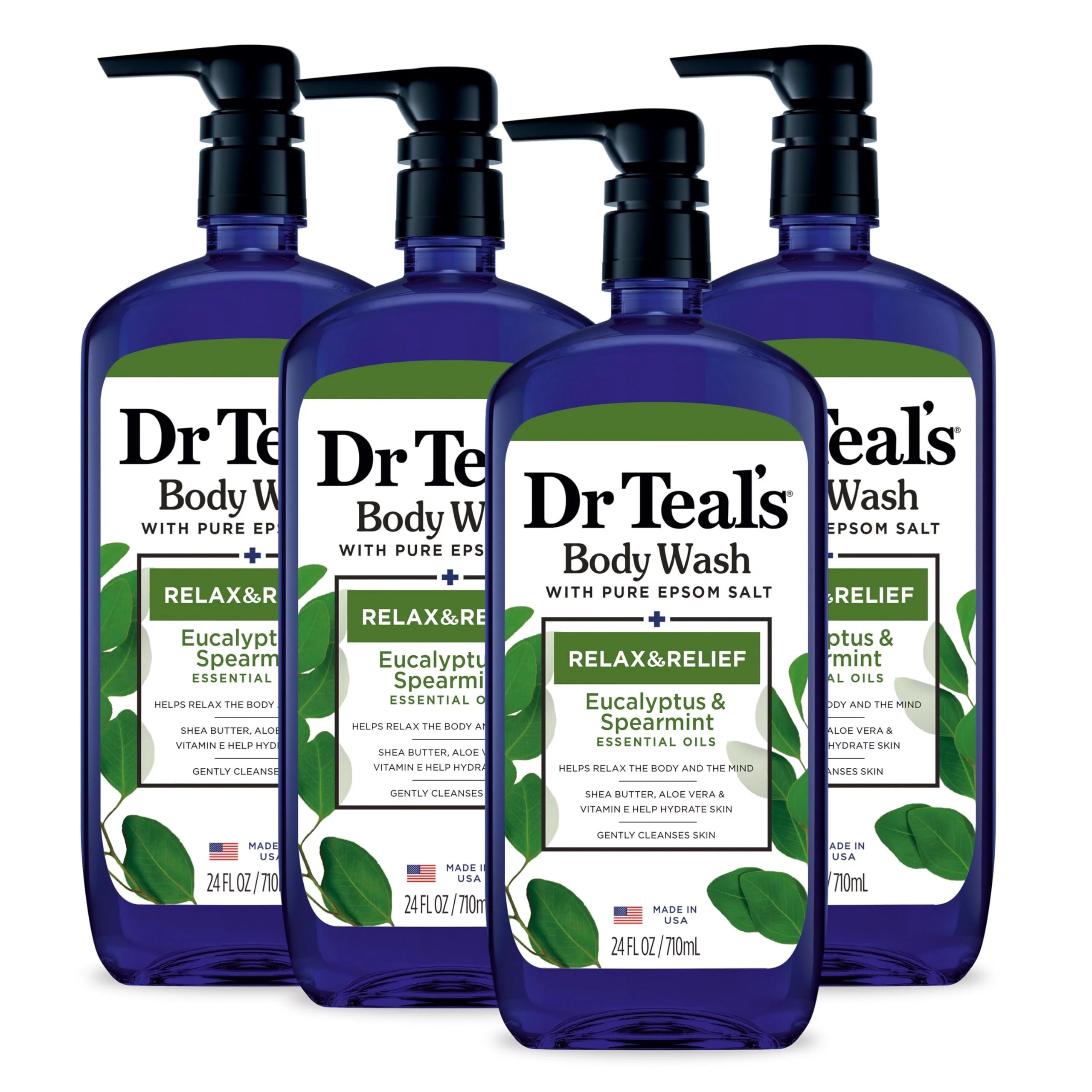 Dr Teal,S Body Wash With Pure Epsom Salt, Relax & Relief With Eucalyptus & Spearmint, 24 Fl Oz (Pack Of 4) (Packaging May Vary).