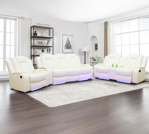 Leather Recliner Sofa Set with LED Lights,Power Reclining Sofa with USB Port/Wireless Charger/Storage Console/Cup Holder for Living Room/House/Home Theater(3 Piece Set,Black)