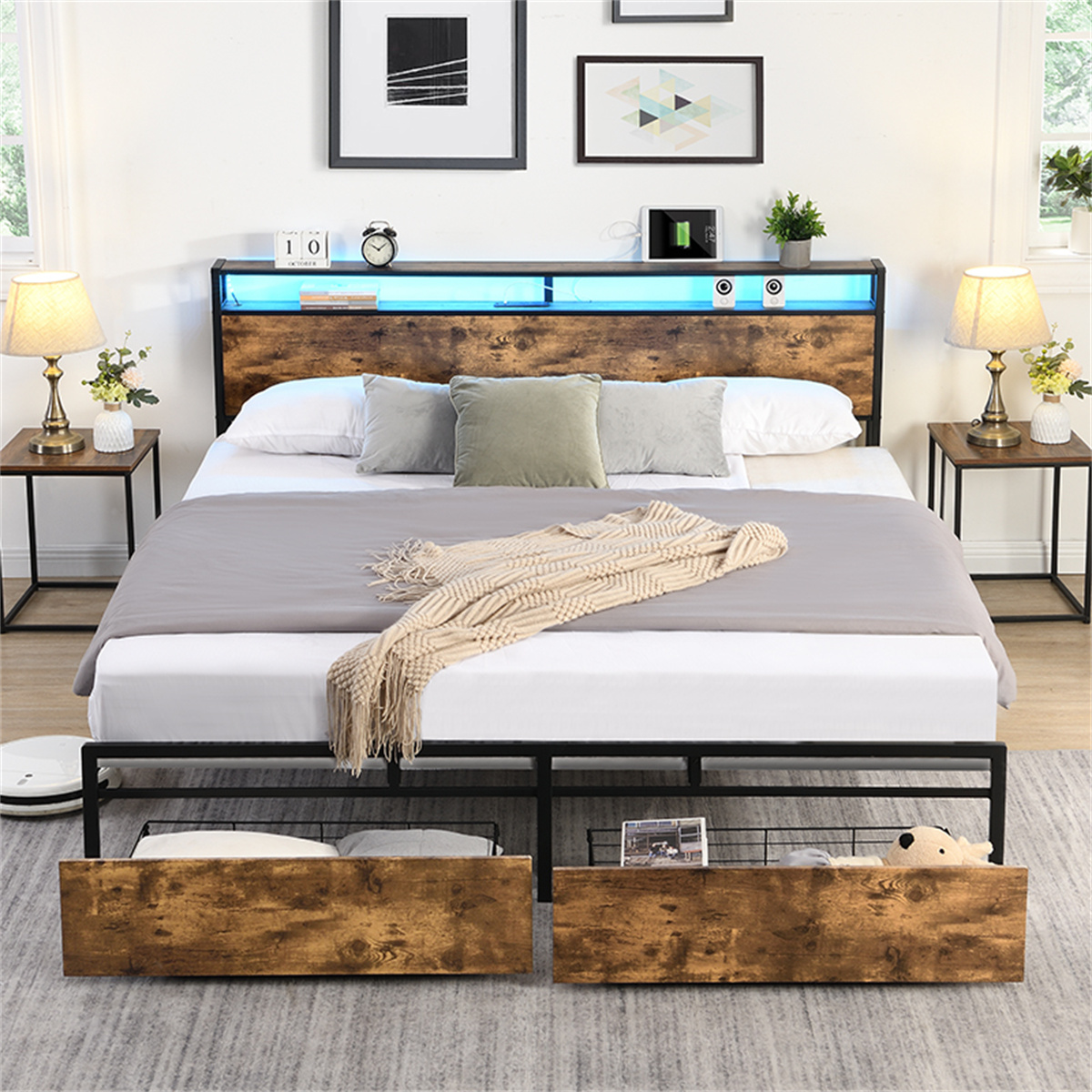 Full Bed Frame, Storage Headboard with Charging Station, Solid and Stable, Noise Free, No Box Spring Needed, Easy Assembly