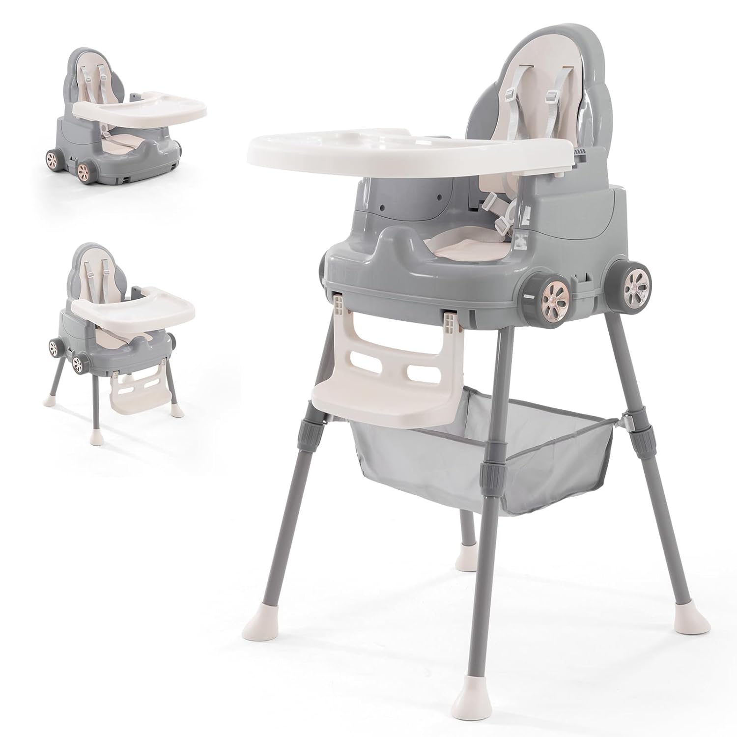 Baby High Chair,Adjustable Convertible 3 in 1 Baby High Chairs Baby Toddlers Feeding Chair Booster,5-Point Harness,Removable Tray&PU Cushion(Deep Gray)