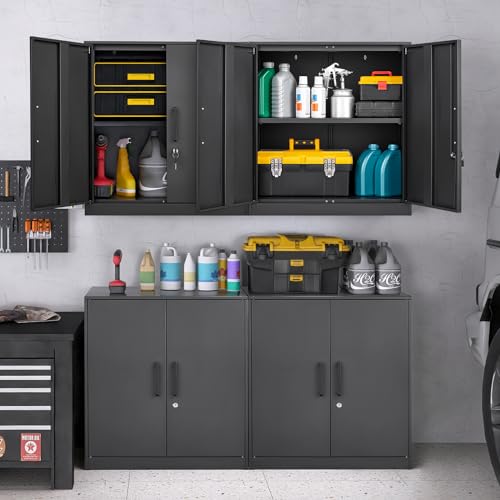 Metal Wall Cabinets with 1 Adjustable Shelf and 2 Doors,Steel Wall Mounted Storage Cabinet with Lock,Garage Cabinet Upper for Basement,Home,Warehouse, (Black&Grey,27.95