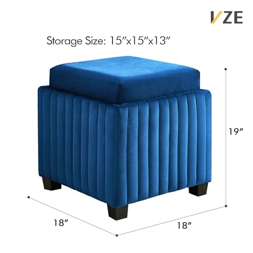 18-Inch Contemporary Square Cube Storage Ottoman Bench with Coffee Tray, Coffee Table for Living Room, Ottoman Footrest for Bedroom End of Bed, Beige Velvet Fabric in Modern Sawing