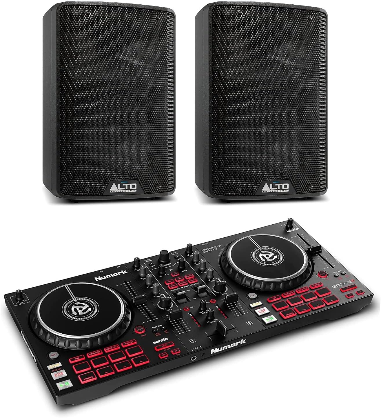 Numark Mixtrack Pro FX and 2x Alto Professional TX308-2 Deck DJ Controller For Serato DJ, FX Paddles and 2x 350W Active PA Speaker with 8