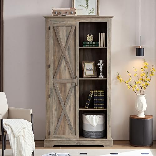 Rustic Farmhouse Tall Storage Cabinet Bookcase with Sliding Barn Door, Adjustable Shelf, Pantry Cupboard Kitchen Organizer Furniture Home Drawer Shelves