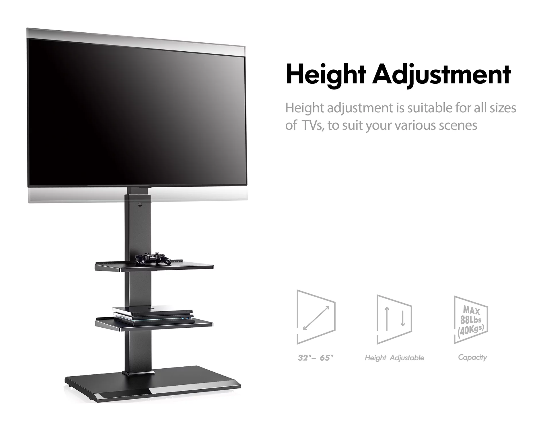Fitueyes Modern Floor TV Stand Black with Swivel Mount, Height Adjustment with Shelf for 32 37 40 42 45 47 50 55 60 65 Inches LED LCD Flat Screen TVs
