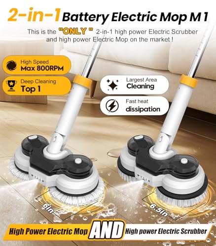 qimedo 800RPM Cordless Electric Mop, 6000mAh Battery Electric Power Scrubber & Mops for Floor Cleaning, Best Automatic Spin Mops with Smart Display,Rotating Mop with LED Light & Water Spray
