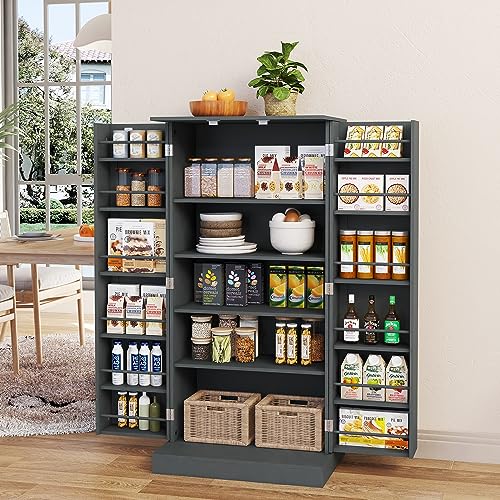 Yusong 72'' Tall Kitchen Pantry Cabinet, Farmhouse Storage Cabinet with 4 Doors, Drawer and Adjustable Shelf, Freestanding Wooden Cupboard Buffet for Dining Room Living Room, White