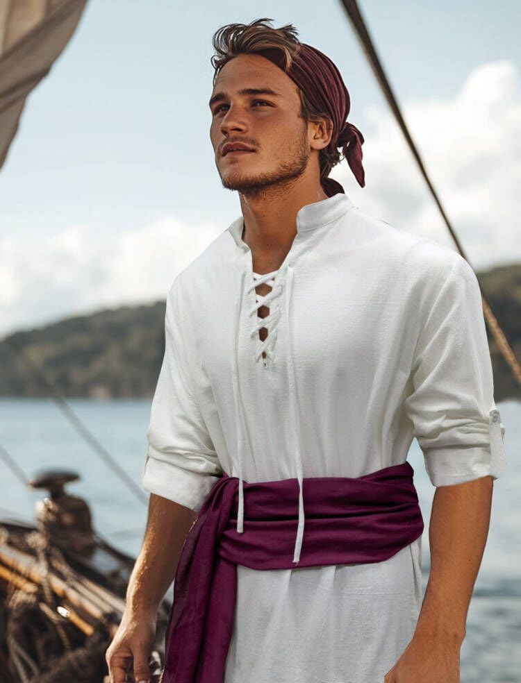 Verceco Mens Pirate Costume Outfit Renaissance Costume Men Medieval Outfit With Pirate Pants Shirts Sash Accessories Khaki Large