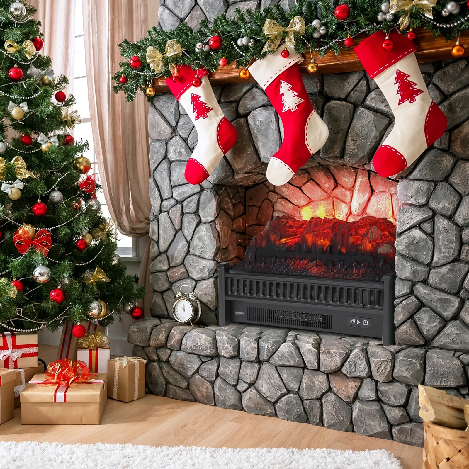 Seizeen Electric Fireplace Heater, 23IN Log Set Fireplace with Remote Control, Flame Brightness Adjustable, Realistic Ember Bed, Noiseless Space Heater for Home Room Office