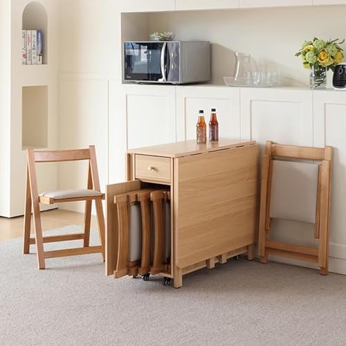 Solid Wood Dining Table Set, Folding Table and Chairs with Storage Drawers and Cabinets, Space Saving, Suitable for Dining Room/Balcony/Narrow Space(with 4 Chairs),A