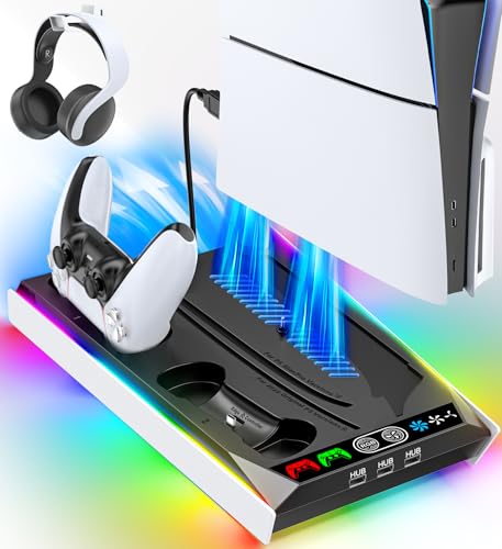 PS5/Slim/Pro Stand for Disc & Digital Console, PS5 Cooling & Charging Station with RGB Ambient Lighting, PS5 Controller Charger Built-in 3 Level Fan, PS5/Slim/Pro Accessories Comes 3 USB Ports