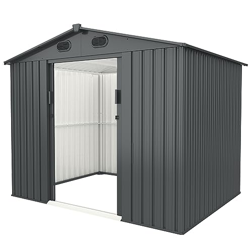 8 x 6 FT Outdoor Storage Shed, Metal Garden Shed with Two Lockable Sliding Doors, Tool Shed Outdoor Storage with Four Air Vents, Storage House Waterproof for Backyard, Lawn, Dark Gray