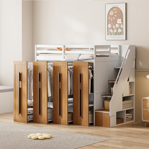 Wooden Twin Size Loft Bed with Two-Tone Stairs Storage, Solid Wood Loft Bed Frame with Full-Length Guardrails Twin Size Loft Bed with Pull-Out Wardrobes, for Kids Teens Adults, No Box Spring Needed