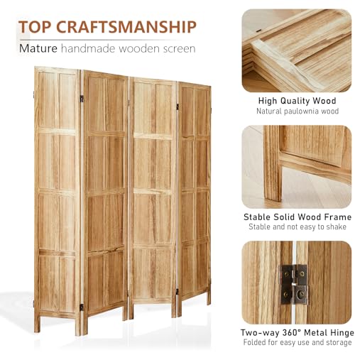 4 Panel Room Divider, 5.6 FT Folding Privacy Screen Room Divider, Partition Divider for Room Separation, Wooden Room Screen Divider Freestanding, for Home Office, Bedroom (Light Brown)