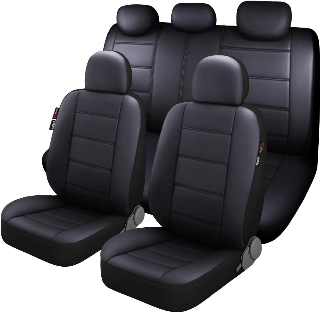 P&J AUTO Premium PU Leather Car Seat Cover Full Set in 11pcs Universal Fit for Most Cars Airbag Compatible Black