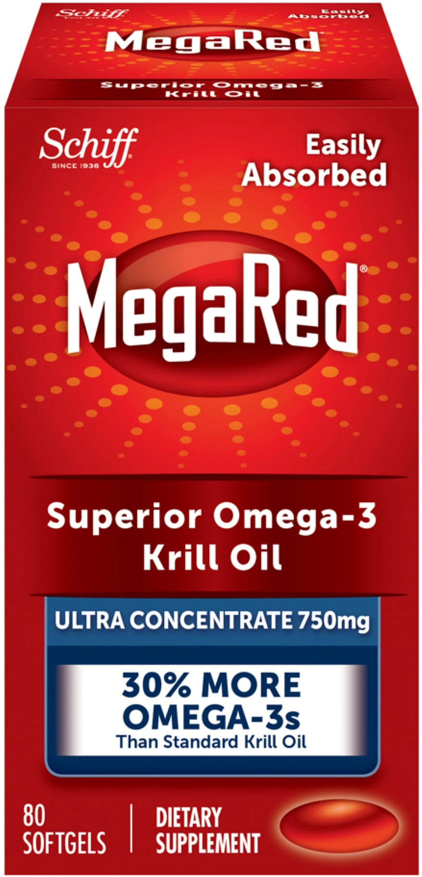 MegaRed 750mg Ultra Concentration Omega-3 Krill Oil - No fishy aftertaste as with fish oil, 80 softgels
