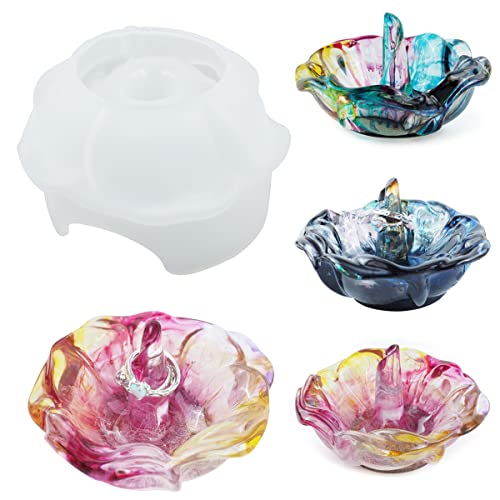 Bowl Dish Resin Mold Tealight Candle Holder Resin Molds Jewelry Tray Epoxy Casting Mold Lotus Rose Silicone Molds for Resin DIY Jewelry Storage Home Table Decor (White)