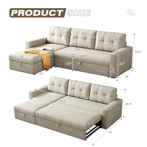 81.5'' L-Shape Sleeper Sectional Sofa with Storage Chaise and Pull-Out Bed, Living Room Convertible Couch Bed,W/ 3 Back Cushions & Breathable fabric,for Apartment,Office,(Beige)