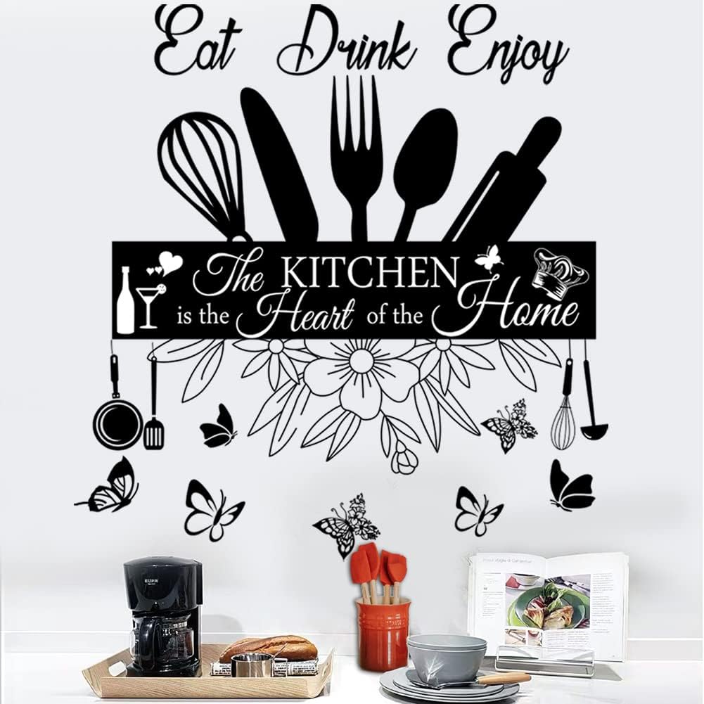 Wall Stickers Kitchen Quotes The Kitchen is The Heart of Home Sign Decor Word Saying Lettering Eat Drink Enjoy Wall Decals Removable DIY Vinyl Wall Art Sticker for Kitchen Living Room Dining Room
