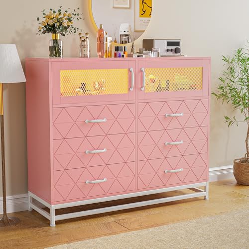6 Drawer Dresser for Bedroom with LED Lights and Charging Station, Wooden Double Dresser with 2 Shelves & Mental Grid Handle, Modern Chest of Drawers for Bedroom, Entryway, Hallway, Pink